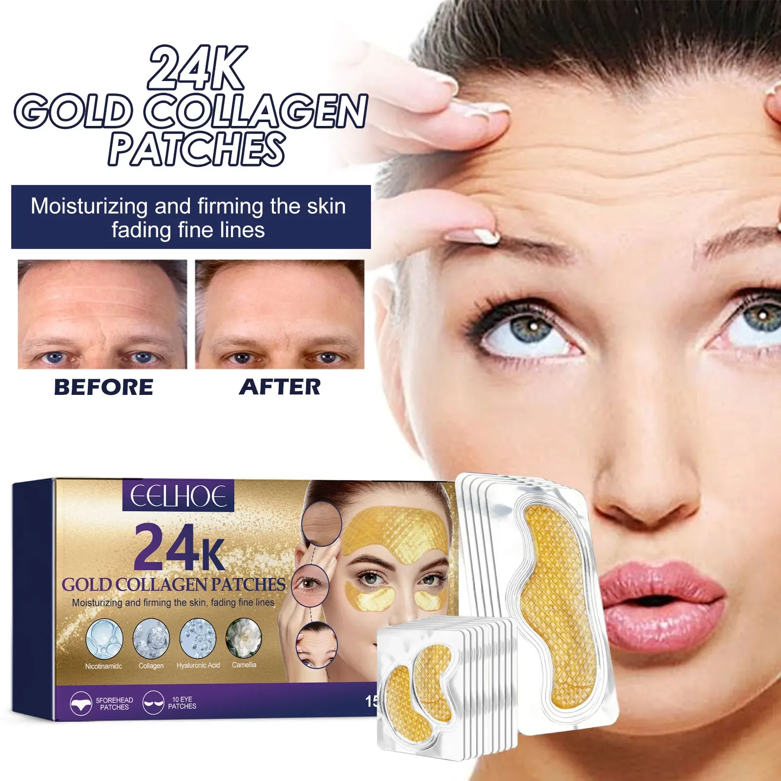 24k gold Collagen Patch Reduce Forehead Wrinkles Improve Dark Circles Fade Fine Lines Firm And Moisturize Skin Facial Care Patch