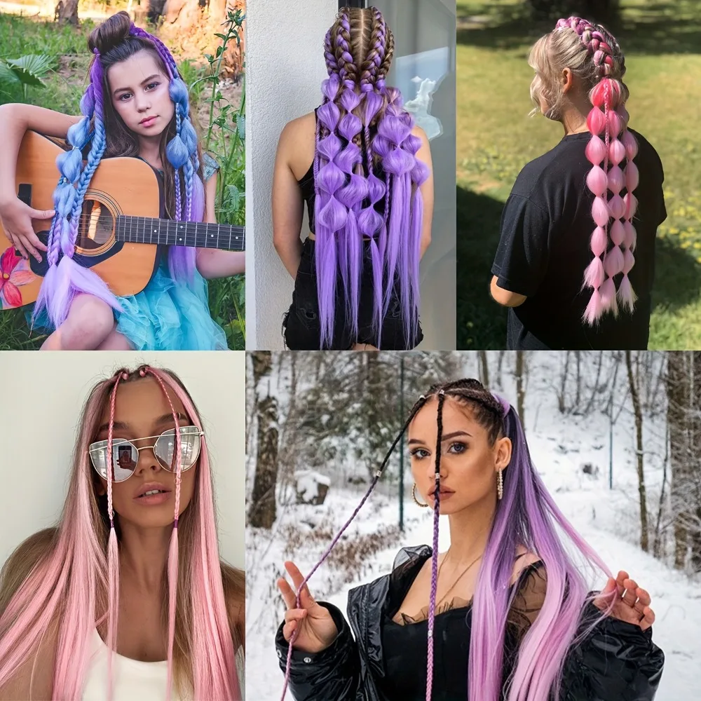 قطعة شعر صناعية طويلة على شكل ذيل حصان وردي أرجواني اللون تستخدم لعيد الهالوين وعيد الميلاد يوميًا #4