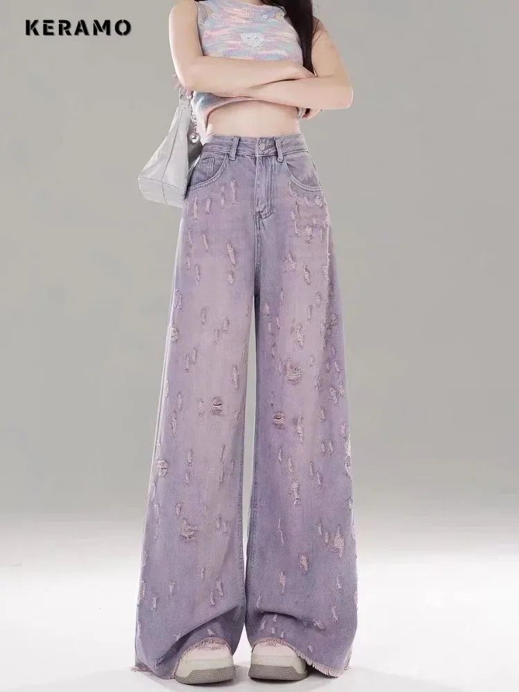 

2024 Summer Women's Casual Style Elegant Jeans Vintage Purple Emo Loose Washed Pants Y2K Wide Leg Punk Baggy Denim Trouser