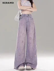 2024 Summer Women's Casual Style Elegant Jeans Vintage Purple Emo Loose Washed Pants Y2K Wide Leg Punk Baggy Denim Trouser