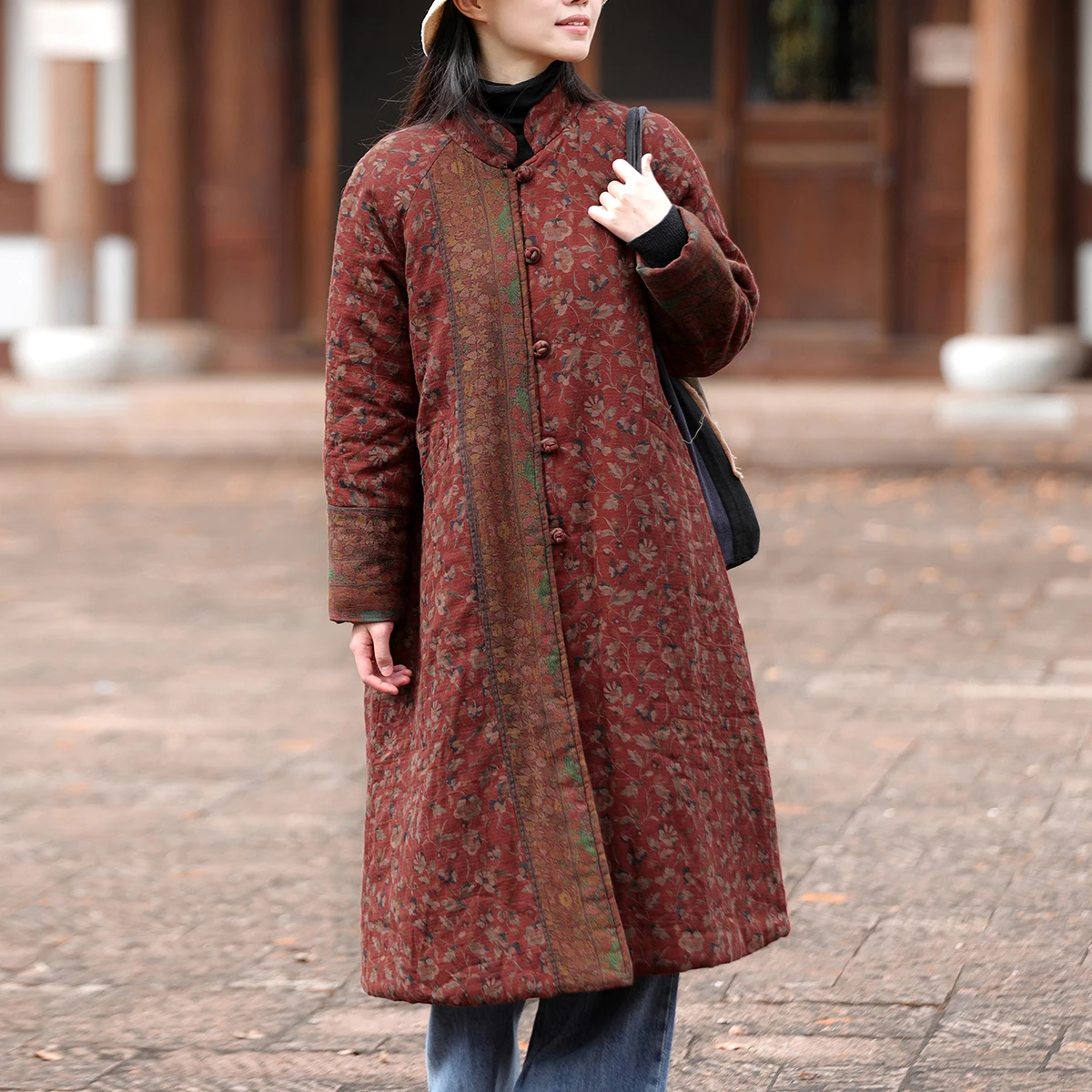 LZJN-Ethnic Cotton-Padded Coat, Vintage Print Patchwork, Distressed Finish, Warmth, Medium-Long, New Chinese Style