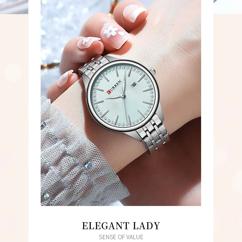 Curren 9099 Fashion Luxury Women's Watch with Diamond Studded Steel Strip Waterproof Calendar Watches for Women Relogio Feminino