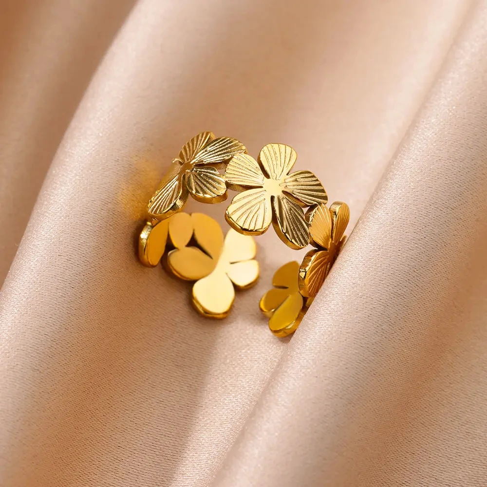 Stainless Steel Flower Rings For Women Gold Color Adjustable Opening Finger Ring Fashion Party Wedding Aesthetic Jewelry Gift