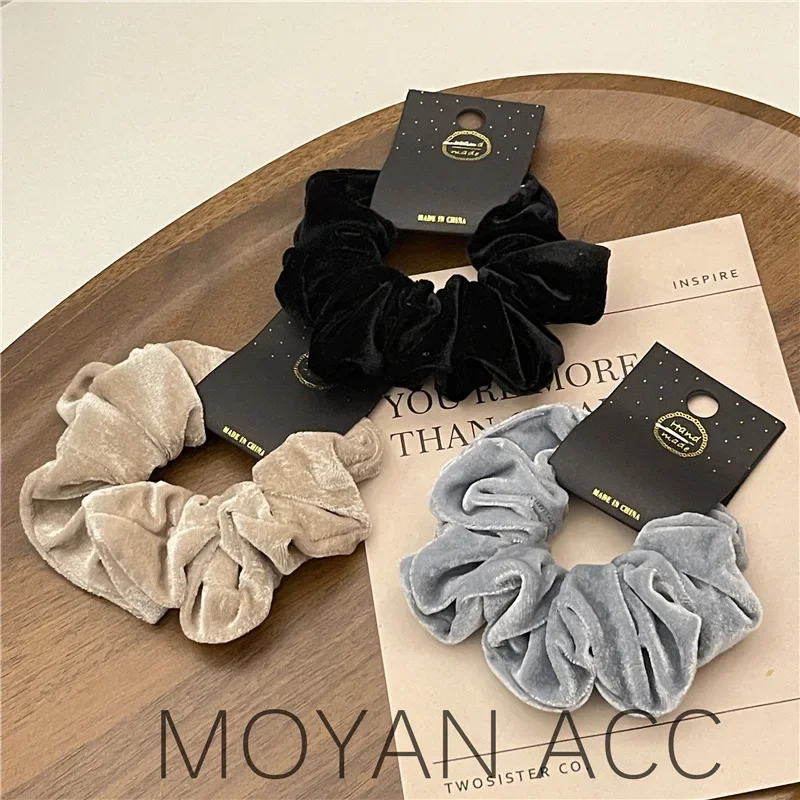 Korean velvet pig colon scrunchie Black leather band wine red velvet hair accessories Cream autumn and winter ruffled headdress