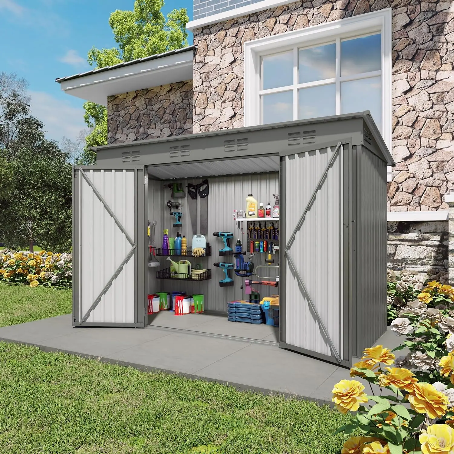 9x4 FT Metal Outdoor Storage Shed with 6 Vents & 2 Doors, Gray Lean-to Tool Shed for Backyard Garden Patio, Customized