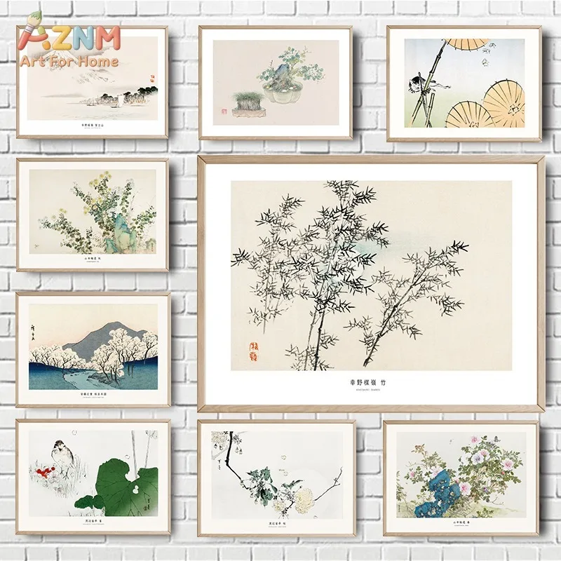 AZNM Vintage Japanese Ukiyo-e Canvas Wall Art Bamboo Mountain Floral Lotus Traditional Ink Print Unframed Canvas Painting for Or