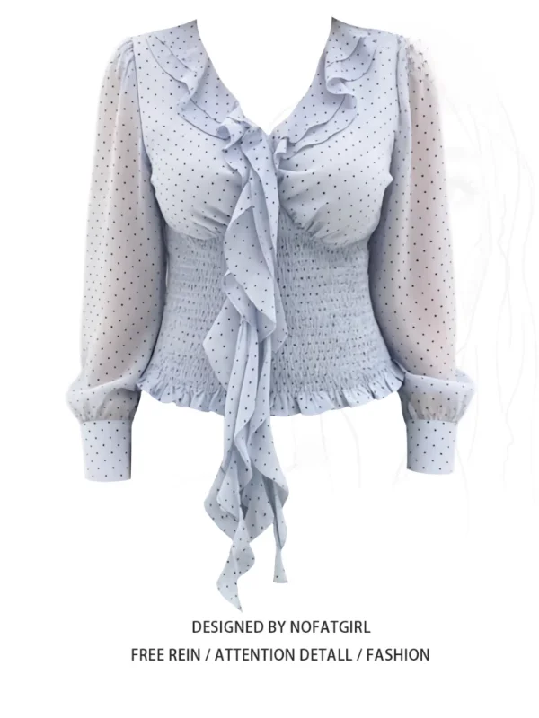 

plus Size Women's Polka Dot Long Sleeve Shirt Summer Slimming Waist Design Commute Style Fashionable Top Korean Version