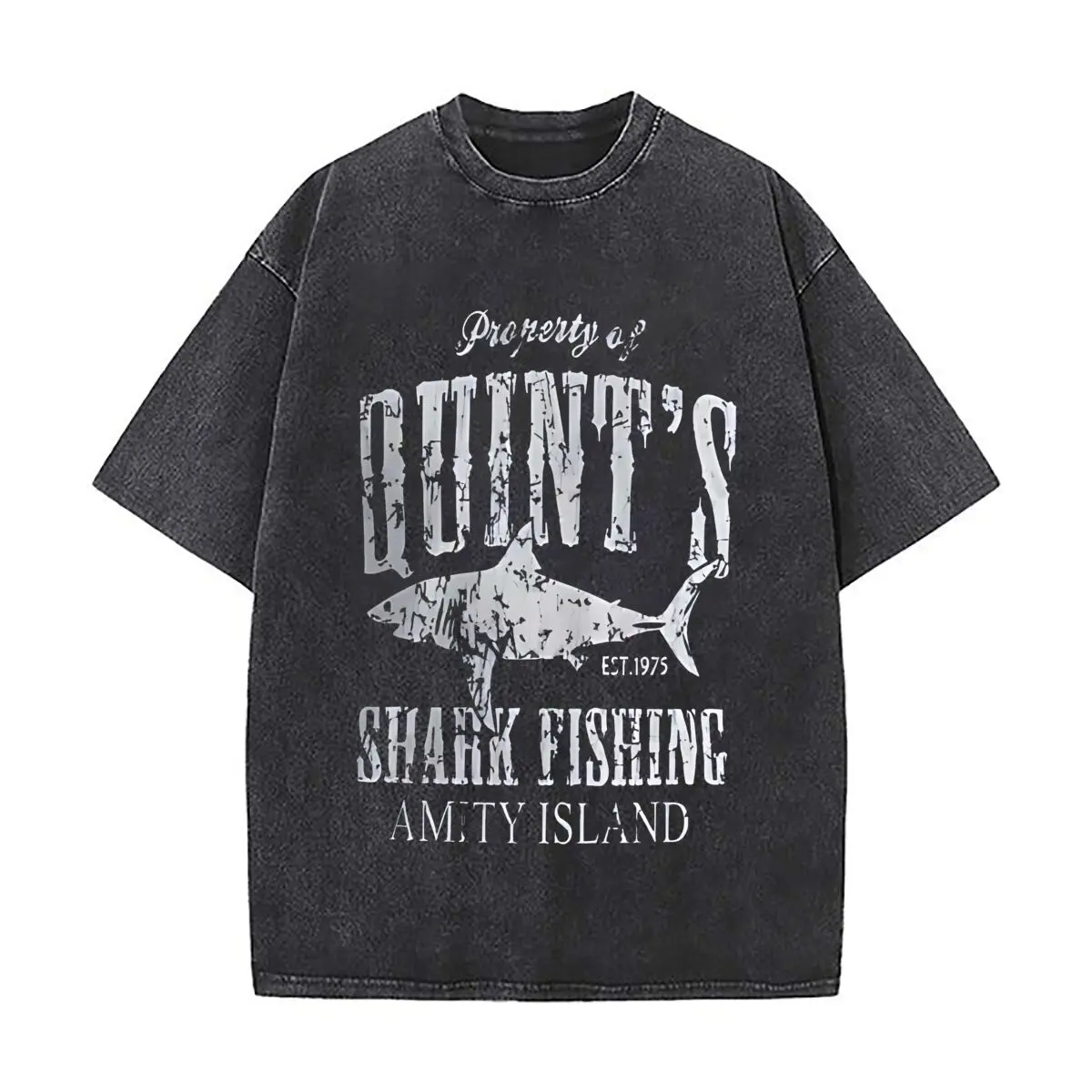 Shark Fishing Adventure - Themed Text Art Daily Commute Vintage Distressed T Shirt Loose Washed Sleeve