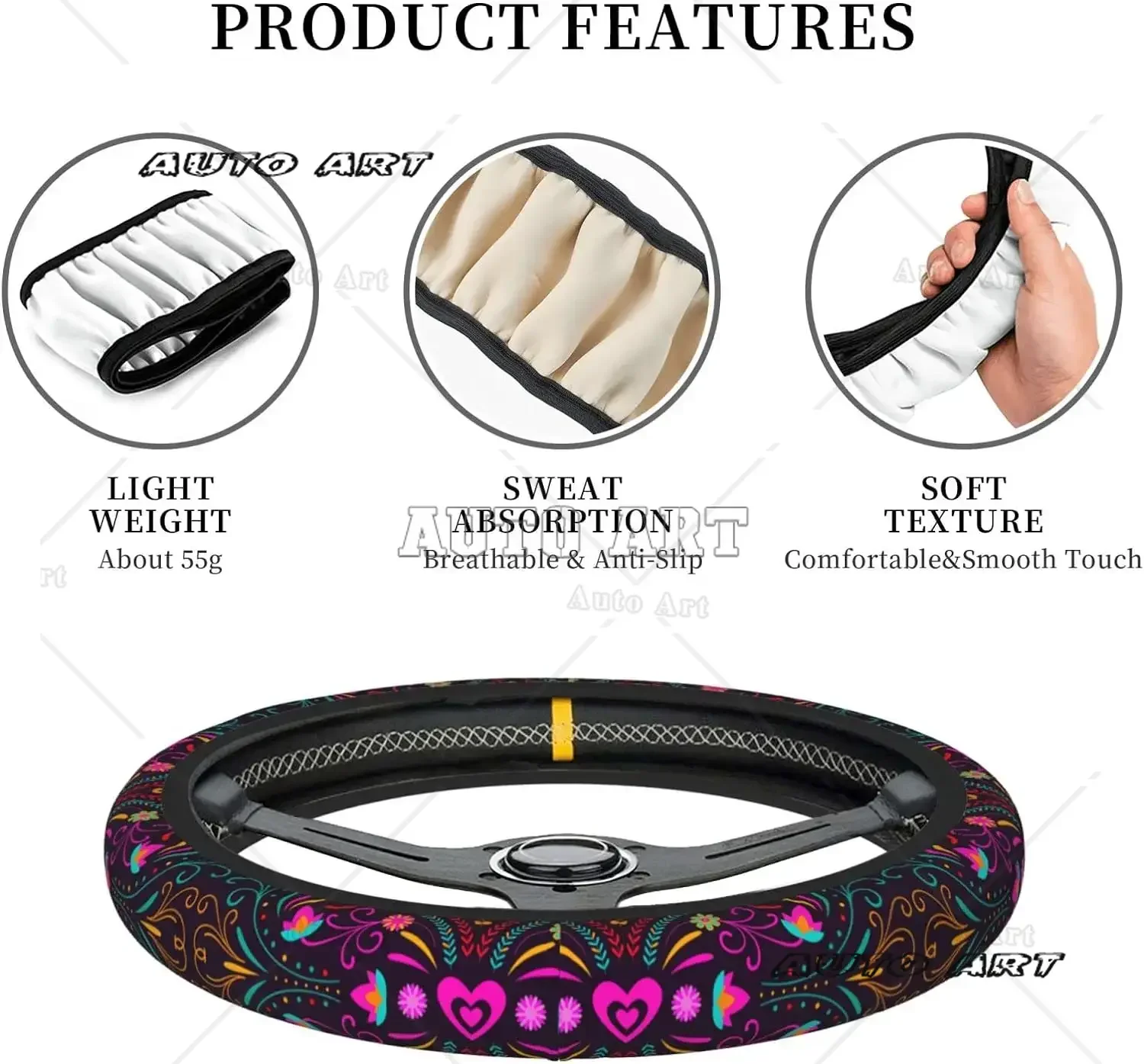 Mexican Flower Steering Wheel Cover Universal 15 Inch Car Wheel Protector Car Steering Wheel Accessories for Women Girls