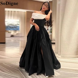 SoDigne Black and White Evening Dresses A-Line Off Shoulder Pleated Side Slit Party Dress Watteau Train Prom Gowns for Women