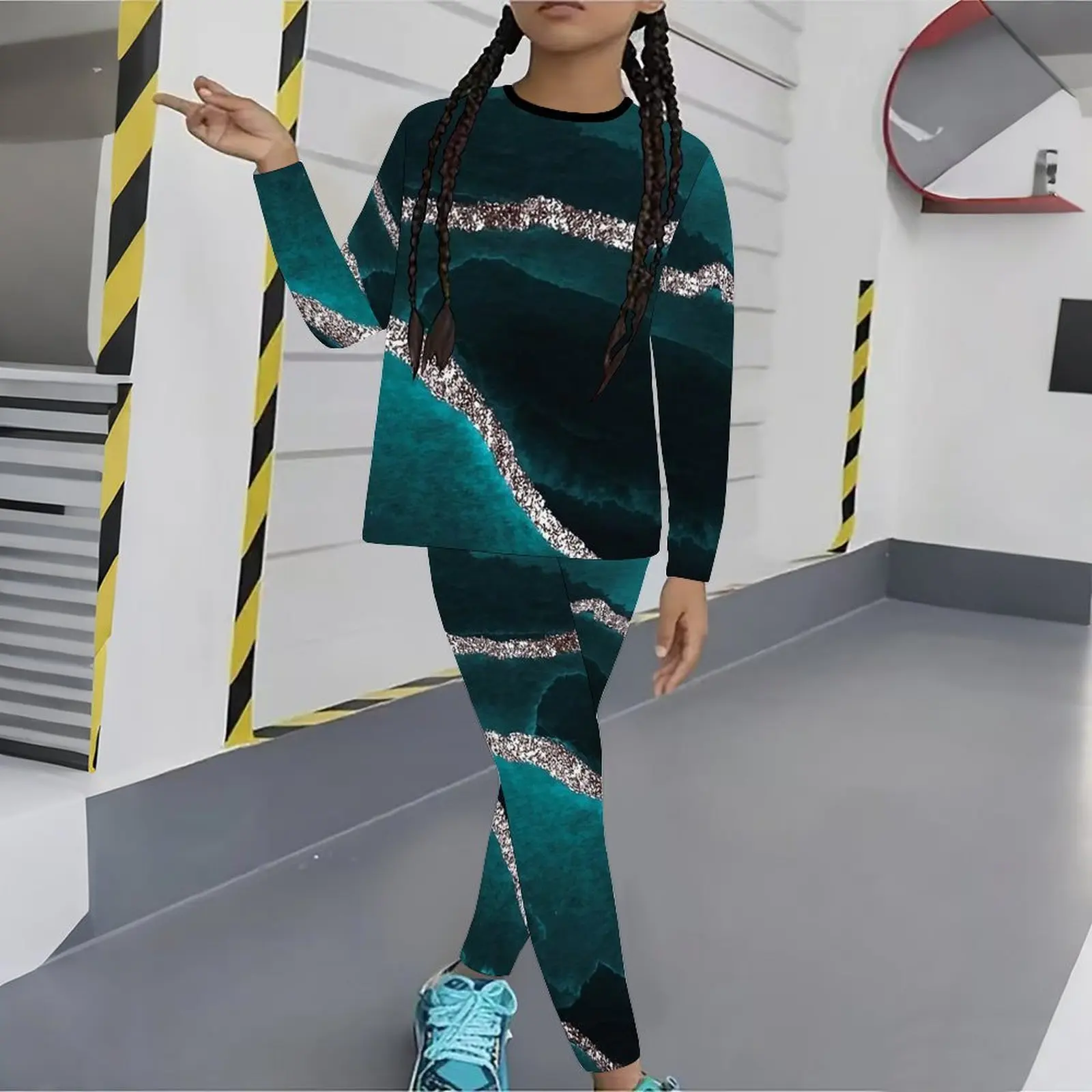 Girls Print Long Sleeve Round Neck Top Cute Two-Piece Casual T-shirt Autumn Leggings Winter Jogging Pants