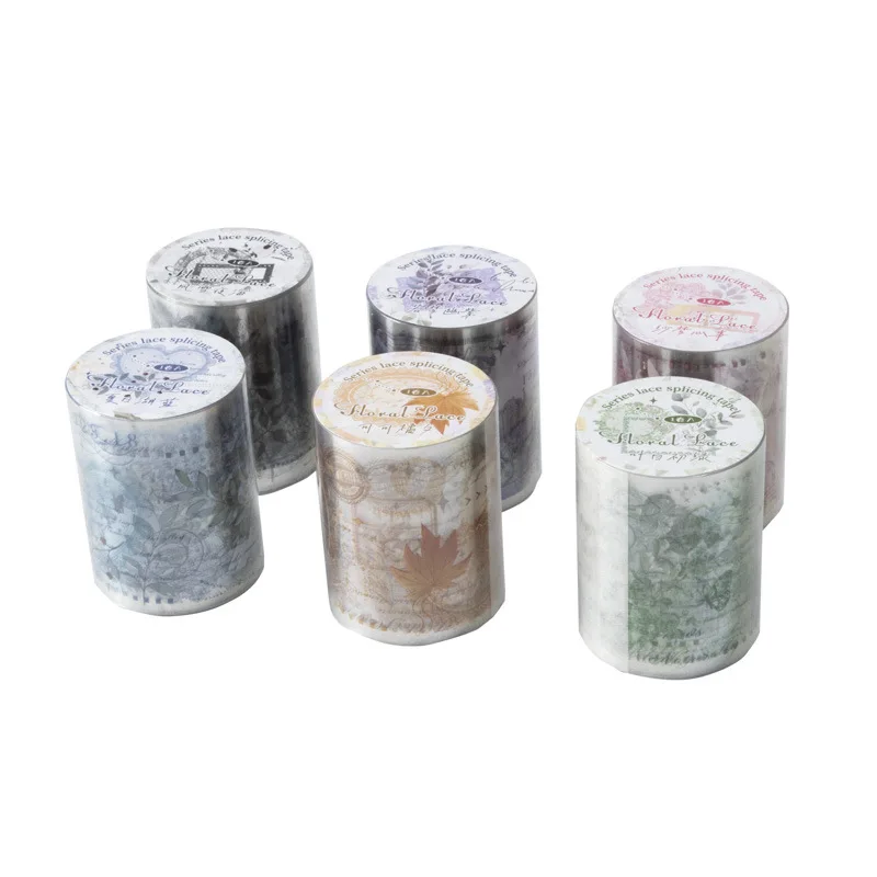 Mr. Paper, 6 Styles, Each 200cm PET Tape, Lace Element Light Retro Floral Stickers DIY Collage Decorative Stickers