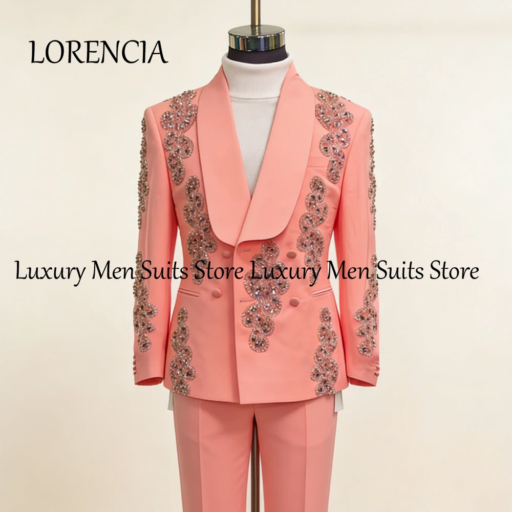

Crystal Applique Male Suits 2 Pieces Shawl Collar Slim Fit Groom Wear Wedding Party Tuxedos Customized Blazer Pants ropa hombre