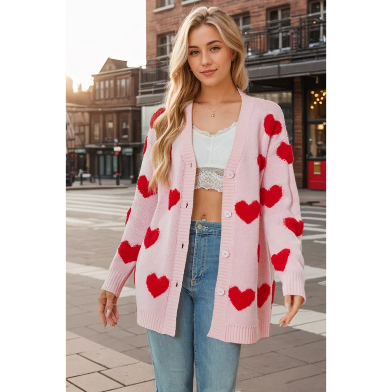 2024temuNew San Valentino Cardigan lavorato a maglia a cuore Cappotto di media lunghezza con bottoni e colletto inVC per donna