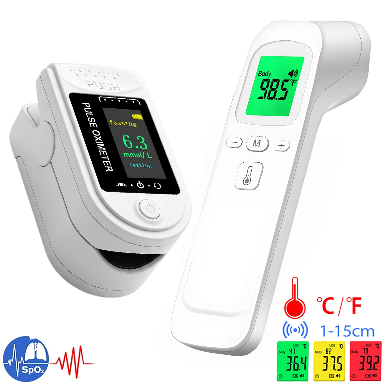 Medical IR Fever Thermometer and Digital Non‑Invasive Glucometer Oximeter 2IN1 Mini Pulse Finger Oximeter Blood Glucose Test Kit
