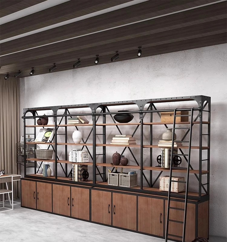 

Custom loft industrial wind wrought iron solid wood bookcase shelf floor bookshelf American retro living room storage