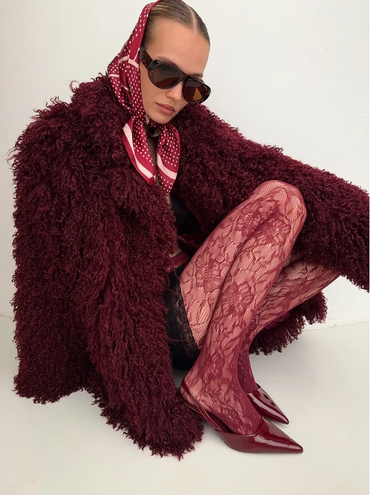 DFDG Abrigo de piel esponjosa burdeos de invierno para mujer, abrigo de manga larga de gran tamaño, ropa de abrigo cálida informal, abrigo de moda femenina de 2025