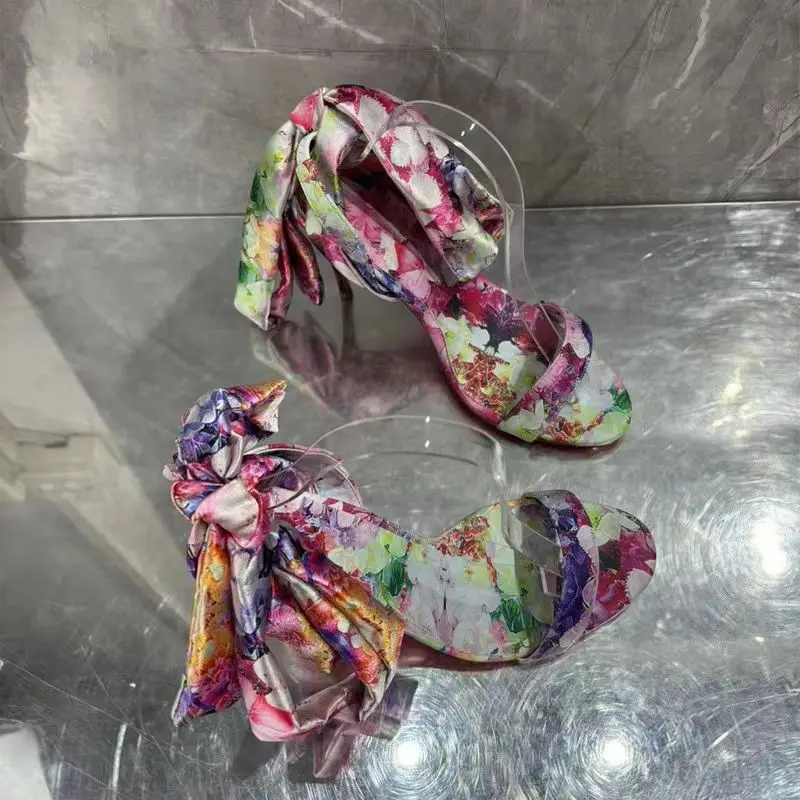 

Color Patchwork Women's Sandals Wedding Party Shoes for Woman 35-43 Size Sexy New Summer Ankle Bow Strap Ladies Shoes Open Toe