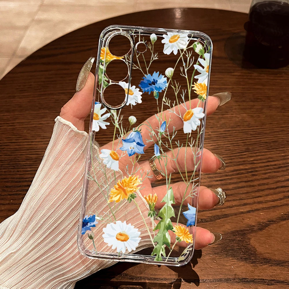Daisy Flower For Samsung Galaxy A54 A14 A34 A24 A21S A53 A33 A73 A32 A20 Love Heart Phone Case Clear Transparent Leopard Cover