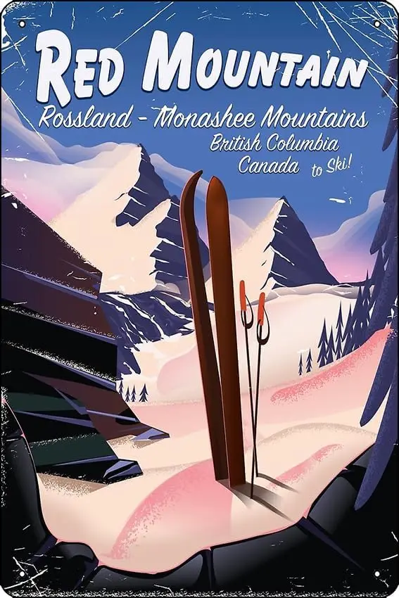 Red Mountain (Rossland) Monashee Mountains, cartel de esquí británico, Canadá, impresión artística, letrero de estaño de Metal, hombre divertido Ca, 12X8 pulgadas