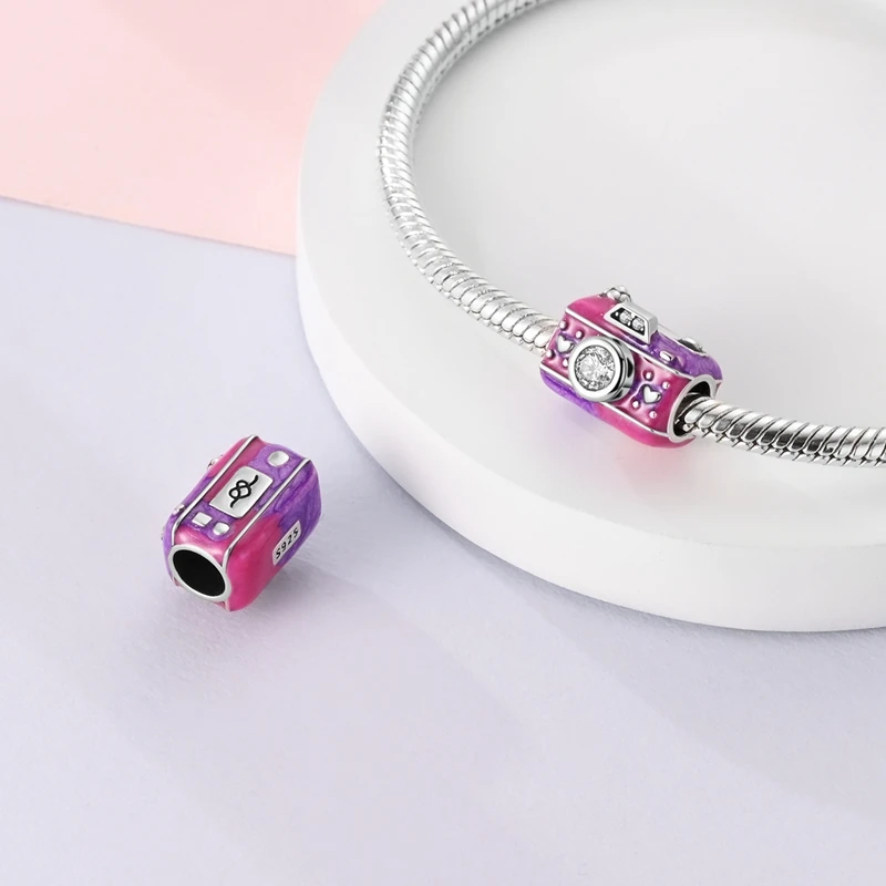 925 Sterling Silver Glazed Pink Purple Camera Charms Beads Dangle Fit 3mm Original Bracelet DIY Women Birthday Party Jewelry
