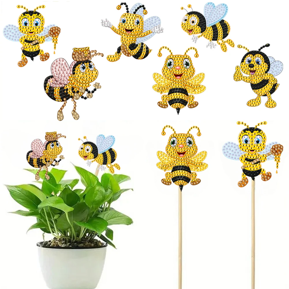 6 Stück Bienenpfähle, Diamant-Malerei-Set, Tier-Diamant-Kunst-Set, Diamant-Kunst, Garten-Dekor-Set für Blumen, Blumentopf