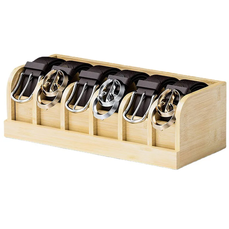 Bamboo Belt Organizer Box Storage Grid to Display 6 Belts Belt Holder for Closet Drawer Organizers Men Women Belt Watch Bow Tie