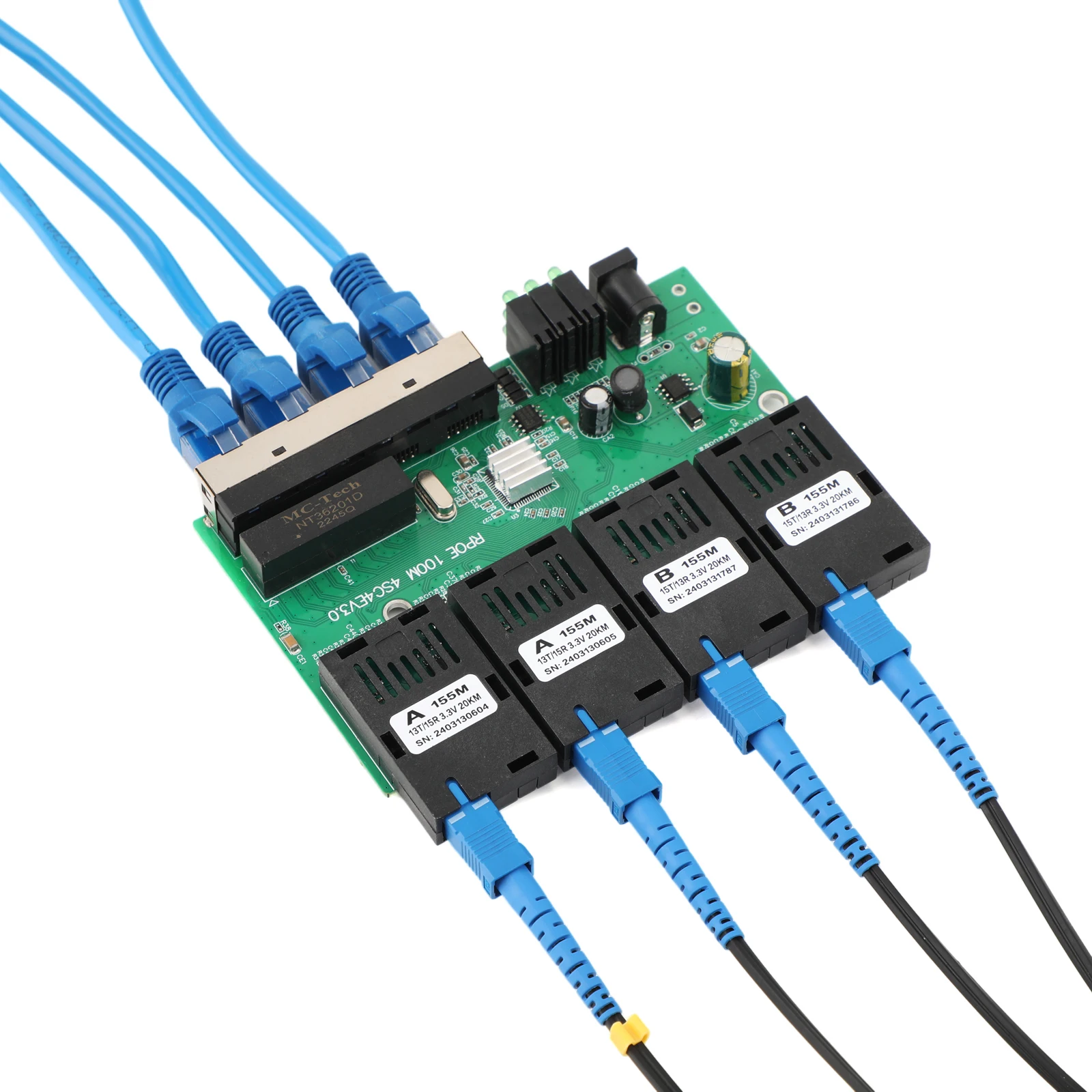 Conector de fibra óptica 4RJ45 a 4SC 2A + 2B, convertidor de medios ópticos de 10M/100M, placa PCBA, puertos 1310nm/1550nm, 20KM, Ethernet, conmutador POE