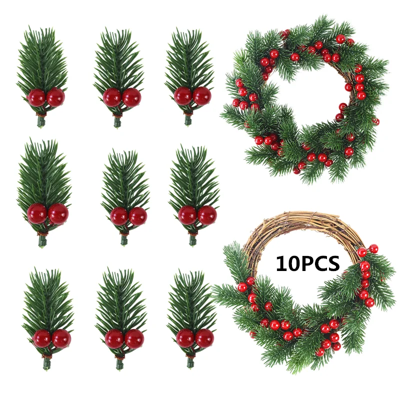 

10PCS Christmas Artificial Pine Needle Berry Fake Plant Berry Stems Wreath Xmas Tree Christmas Party Ornament Wedding DIY Decors