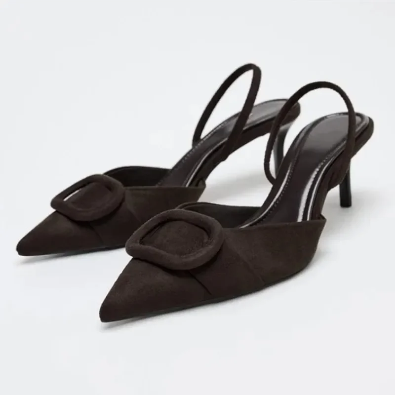 

Vintage Coffee Faux Suede Heels Women Sexy Pointy Toe Slingback Designer Shoe Elegant Commuter Office Mule Shoe Zapatos De Mujer