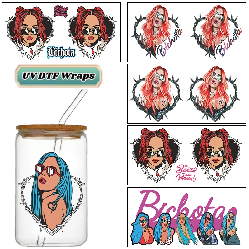 Latina Style Woman Karol G UV DTF Wraps, Baddie Quote Stickers for 16oz Glass Cans, Waterproof DIY Transfer Decals