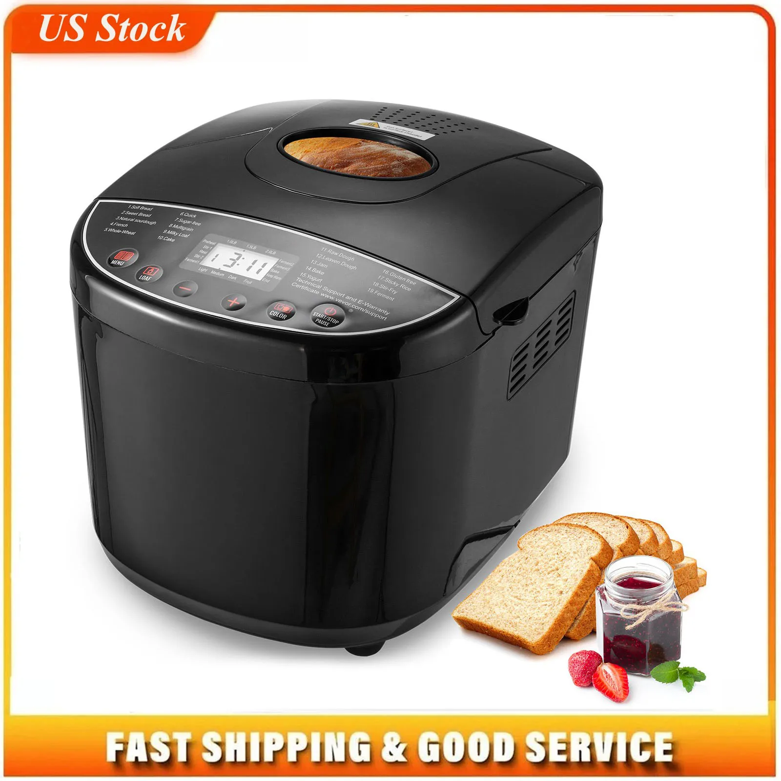Bread Maker, 19-in-1 2LB Dough Machine, Nonstick Ceramic Pan Automatic Breadmaker with Gluten Free Setting, Whole Wheat Bread Making, Digital, Programmable, 3 Loaf Sizes, 3 Crust Colors
