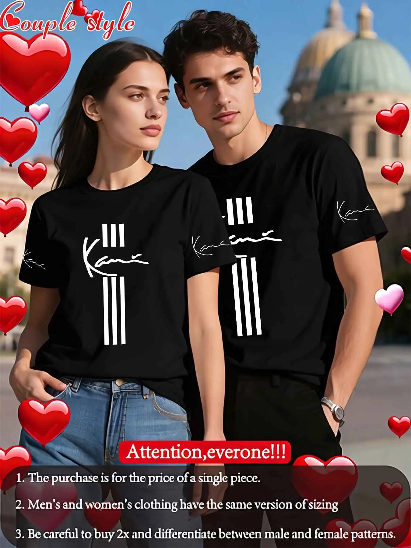 Round neck short sleeved T-shirt casual vertical stripe handwritten signature print loose and breathable street couple top