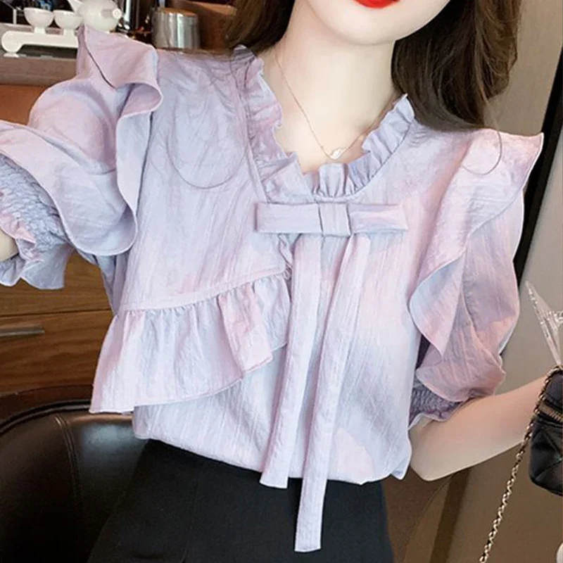 Fashionable Lotus Leaf Collar Bubble Sleeve Chiffon Shirt for Women\'s Summer 2024 New French Temperament Elegant Small Shirt Top