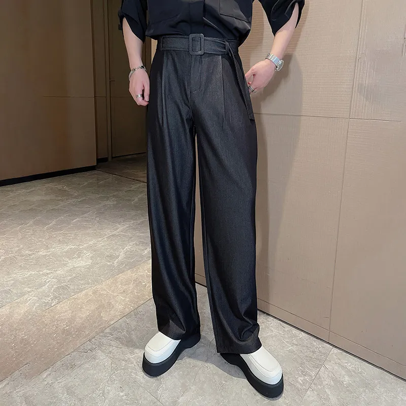 

Retro High Waist Anti-Wrinkle Denim Look Casual Pants Loose Straight Cut Faionable Summer Trousers for Young Men