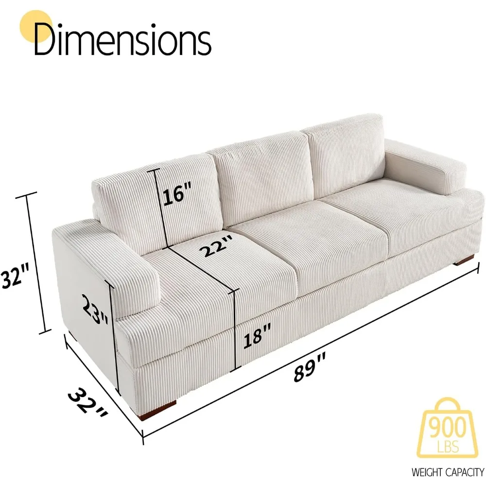 

89in Comfy Couch, 3 Seater Sofa with Wood Legs, Deep Seat Sofa- White Corduroy Modern Couch for Living Room