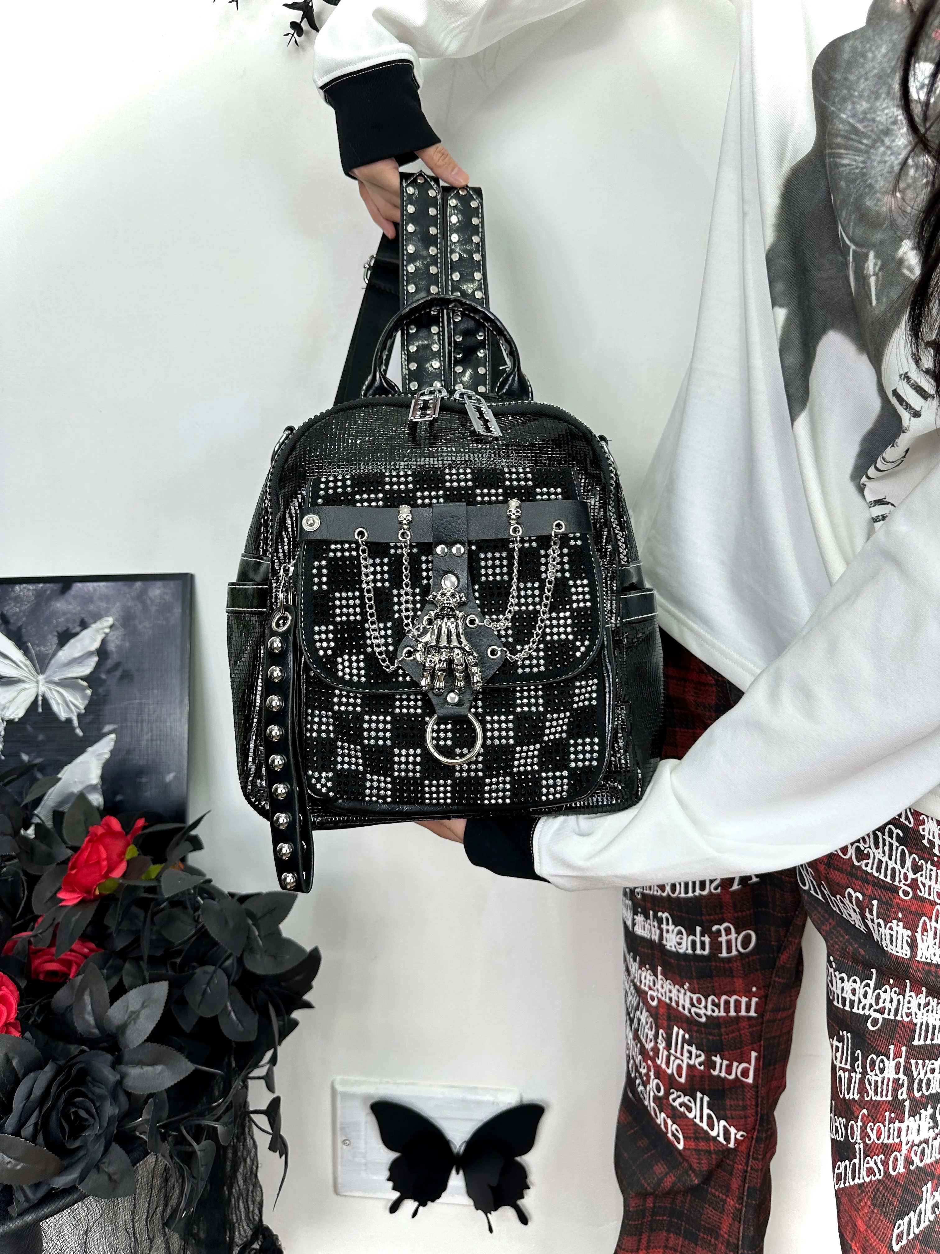 Original Handmade Punk Skeleton Hand Plaid Backpack Black Leather Goth Street Spice Girls Women's Bag