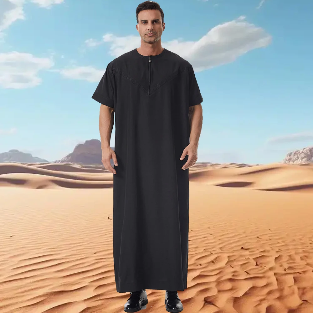 Islam Men Jubba Thobe Muslim Man Dress Robe Zipper Short Sleeve Saudi Abaya Arabic Daffah Dishdasha Thoub Traditional Clothing