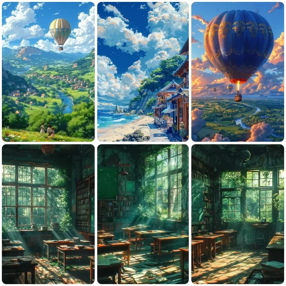 

DIY Landscape Jigsaw Puzzle, Hot Air Balloon Countryside Seaside Town Abandoned Green Classroom Dream Sky Wall Decor