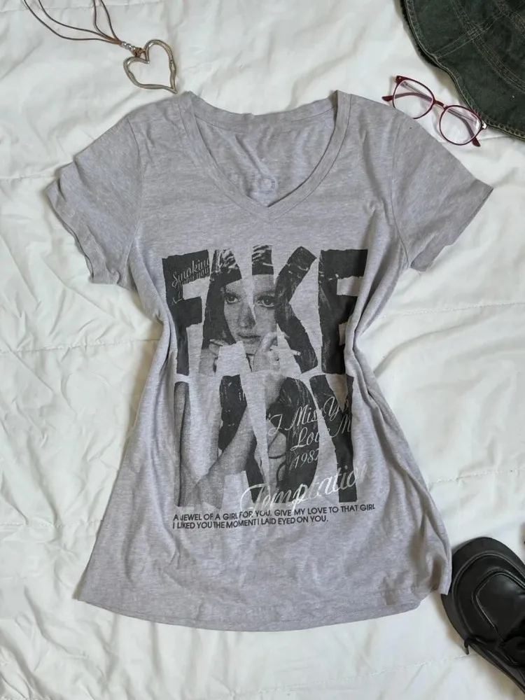 

Slim Fit American Sle Cotton T-irt Chic Waist Cinched Hot Girl Vintage Summer Print High End Feeling Women's Top