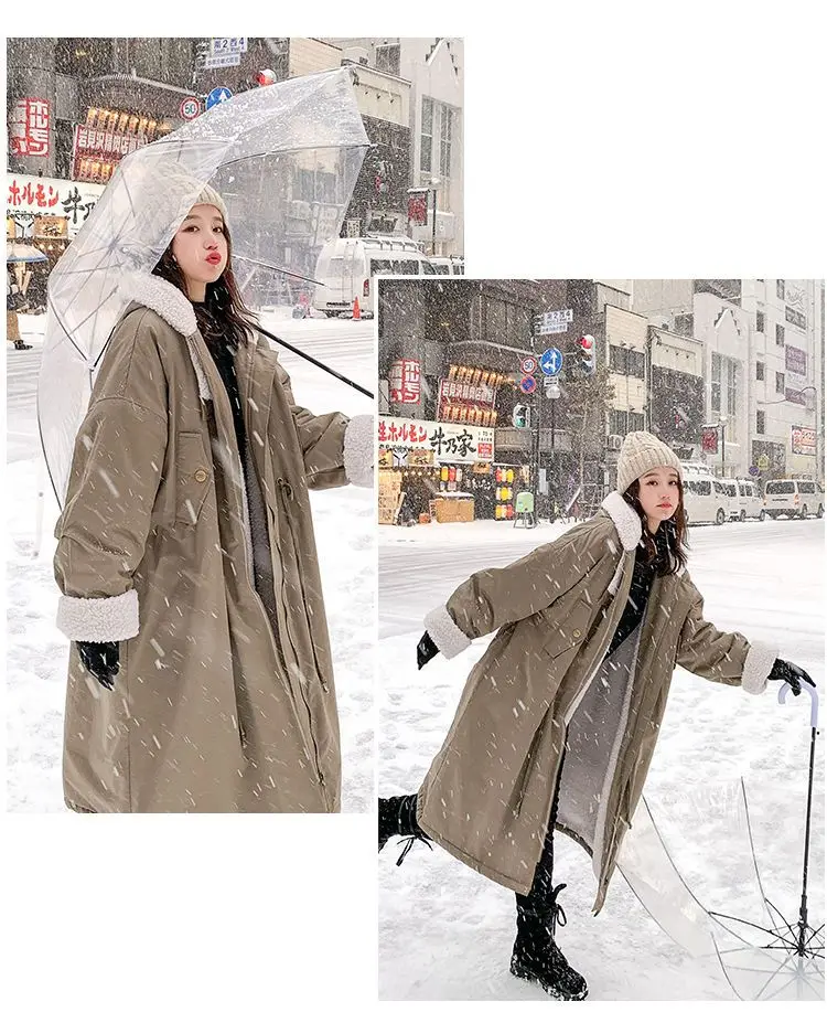 Lamb wool Cotton Jacket Women's Korea Loose 2026 New Winter Plus velvet Snow Parkas Warm Hooded Coat Casual Female Long Overcoat