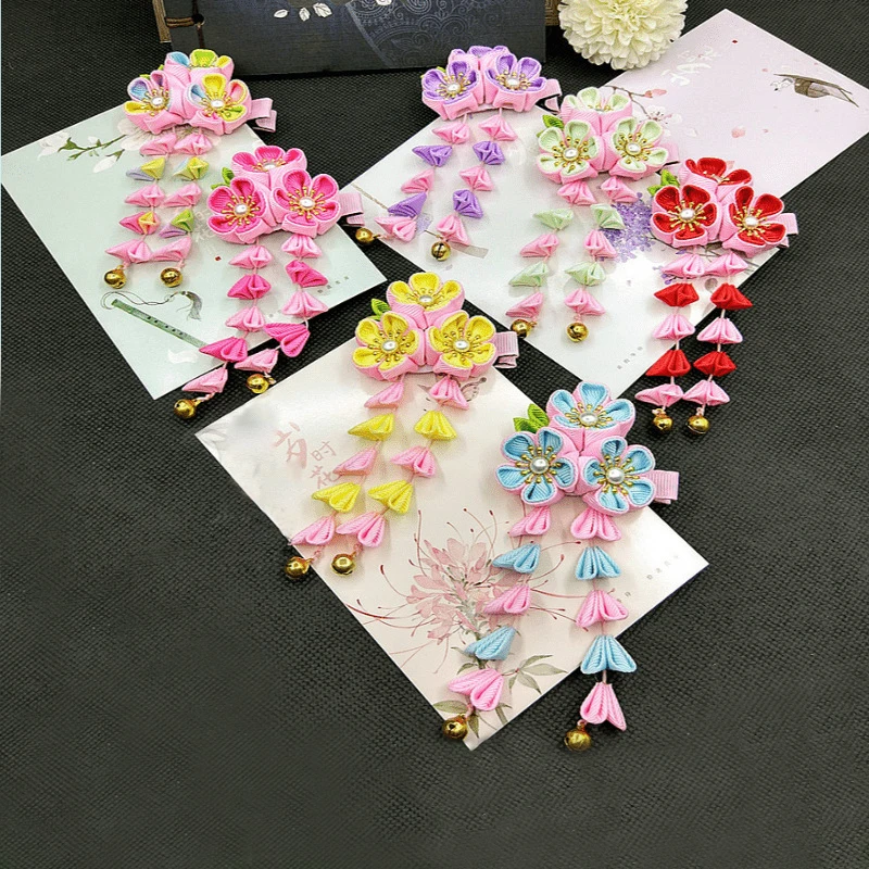 Japanese Kimono Fabric Flower Folding Fan Children Hair Accessories Clip Tassel Headwear Headdress Barrette Yukata Festvial Deco