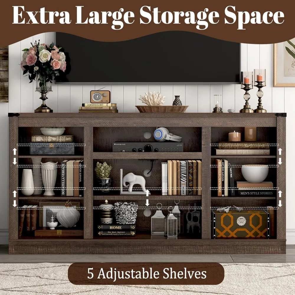 "Suporte de TV de 75 polegadas com porta de celeiro deslizante e tomadas elétricas, centro de entretenimento de madeira de 33 polegadas de altura"