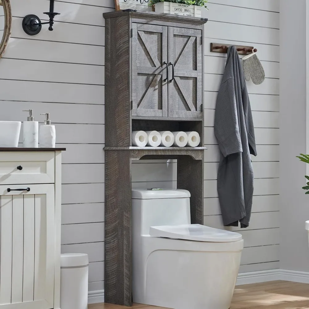 Over The Toilet Storage Cabinet, Farmhouse Bathroom Cabinet with Adjustable Shelf & Barn Door, 67