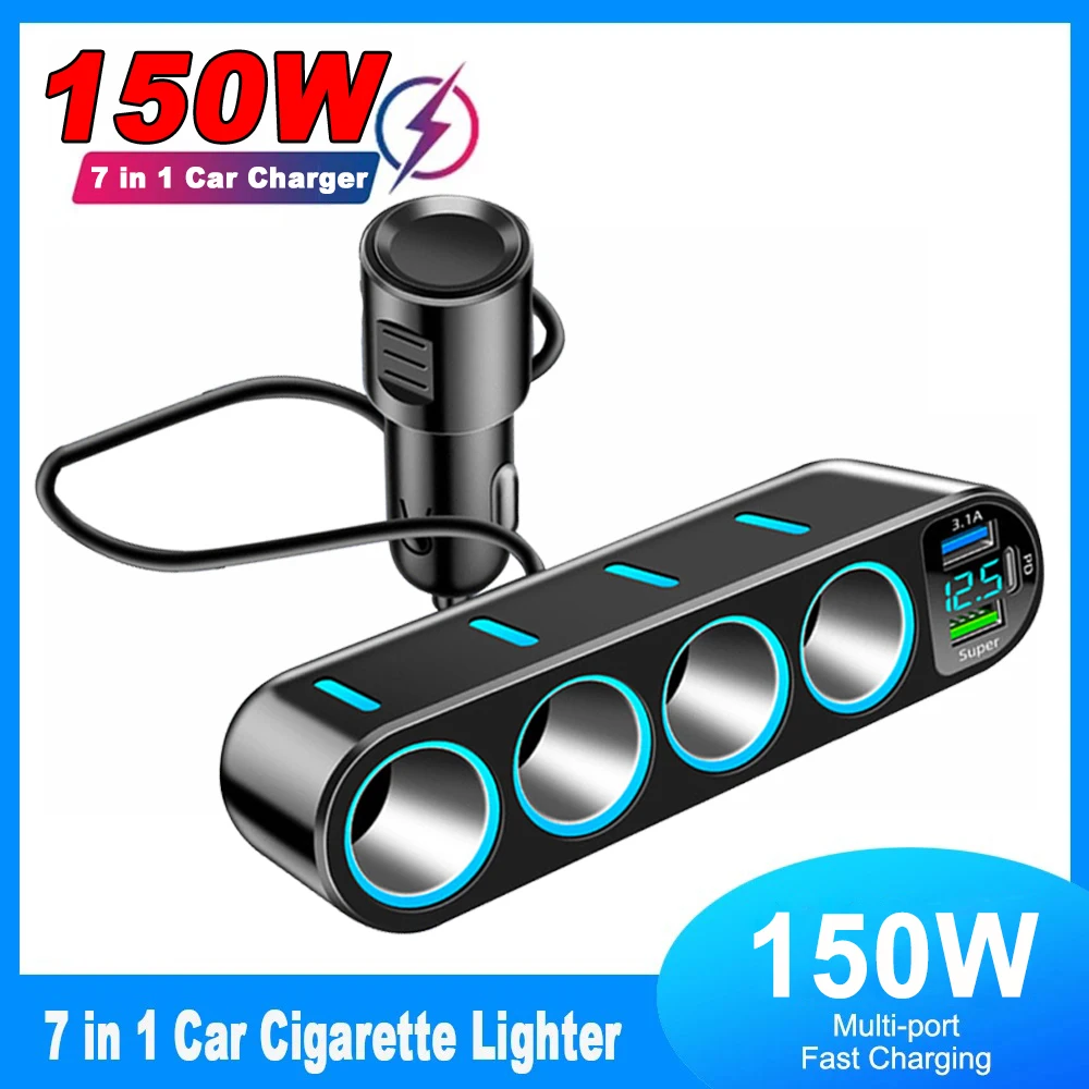 150 W Autoladegerät-Adapter, 7-in-1, Zigarettenanzünder-Splitter, schnell, PD30 W/QC 3.0, Schnellladegerät, 12 V/24 V DC, Zigarettenauslass
