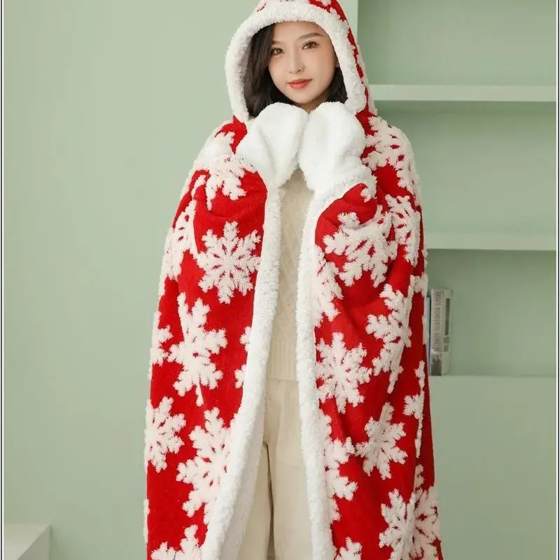 Winter Christmas Snowflake Thickened Lamb Head Multifunctional Cape Blanket