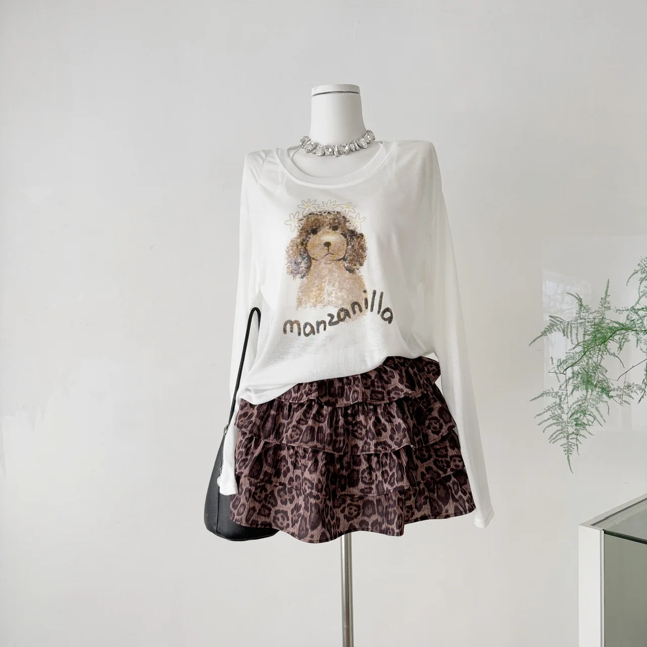 

Fall Women Korean High Street 2000s Aesthetic Shoujo Outfits 3 Piece Set Long Sleeve Top + Bustier + Leopard Print Mini Skirt