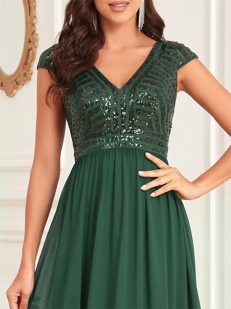 Lucyinlove Elegant Sequins Sleeveless Evening Dress Women 2024 V Neck Green Wedding Party Graduation Prom Chiffon Cocktail Gowns