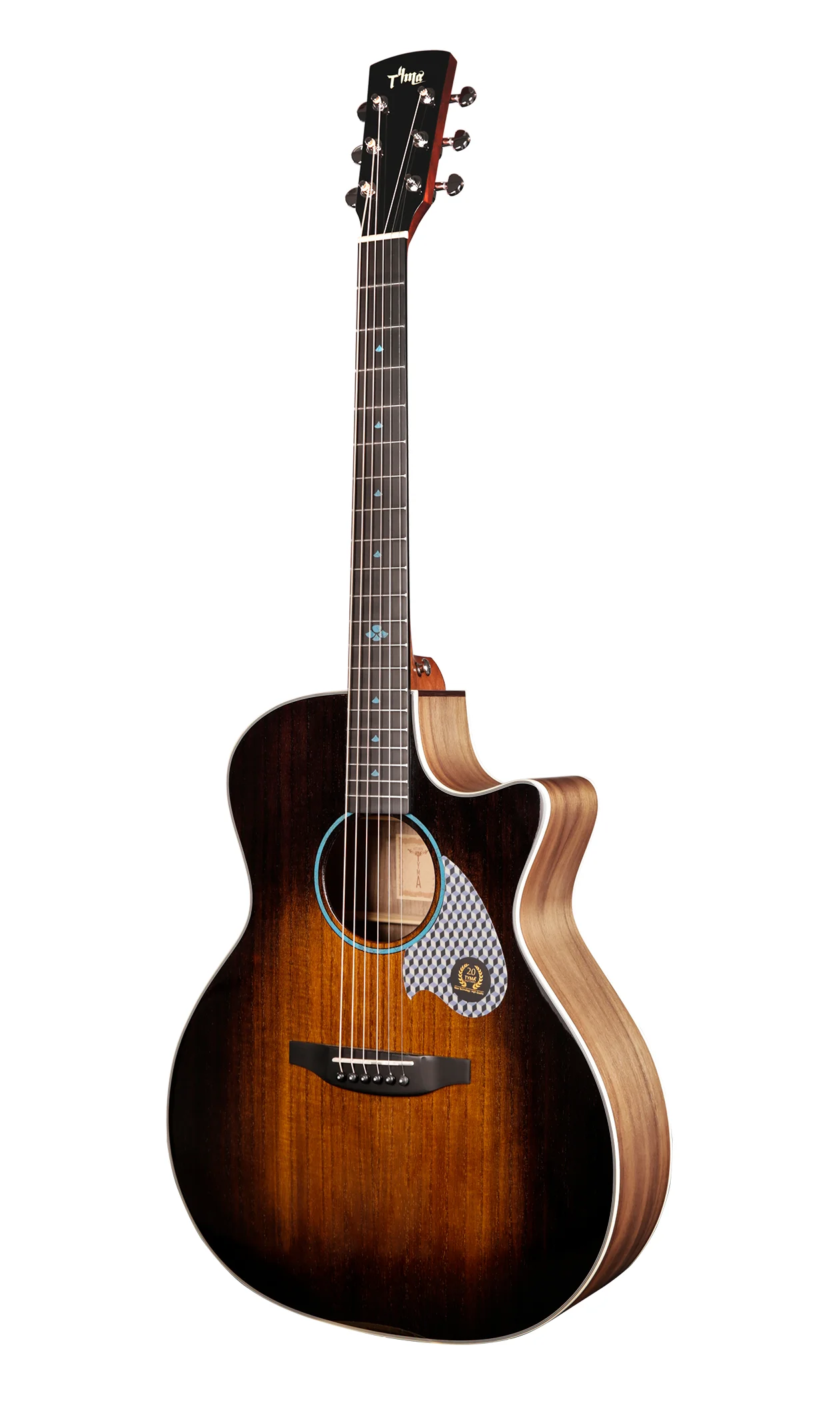 GA Acoustic Guitar Solid Paulownia Top Walnut Plywood Back and Sides Tech Ebony Fingerboard Turquoise Inlay Gloss Sunset Finish