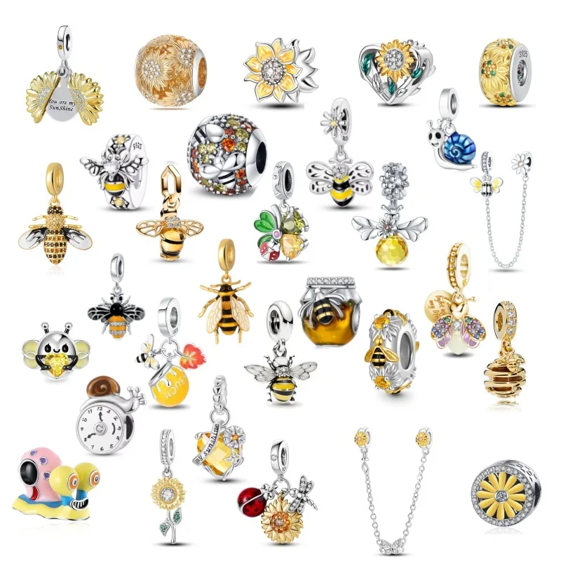 Novo favo de mel & caracol & abelha charme girassol grânulo caber pulseira original diy acessório jóias 925 prata feminino presente margarida pingente de ouro